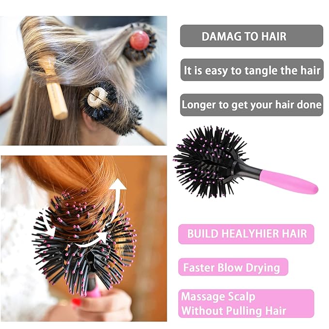Drying Hair Brush 3D Round Hair Brushes With Alligator Hair Clips and Wide Tooth Comb Women Blow Detangling Ball Hair brush 360° Curly Styling Circle Hair Comb