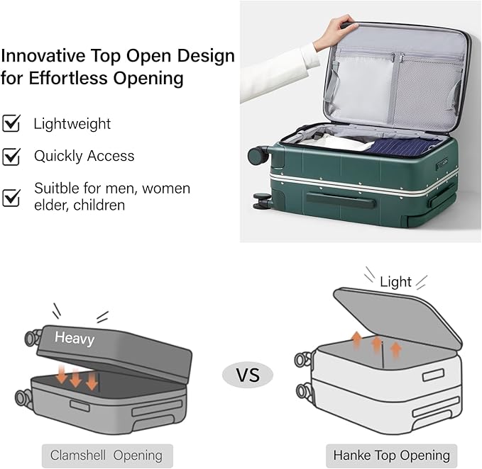 Hanke Top Opening Carry On Luggage, 20 Inch Zipperless Aluminum Frame Wide - Image 2
