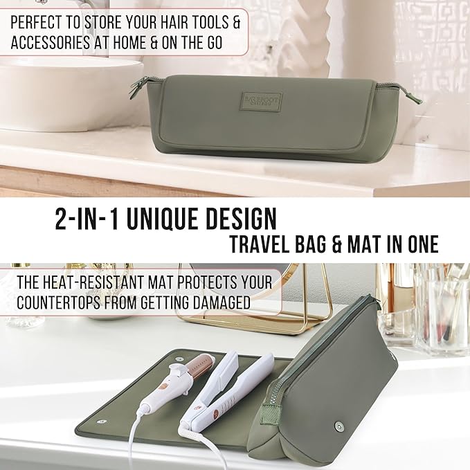 BAREFOOT CARIBOU Hair Tools Travel Bag and Heat Resistant Mat for Flat Irons, Straighteners, Curling Iron, and Haircare Accessories, 2-in-1 design, with Interior Pockets, Portable Organizer
