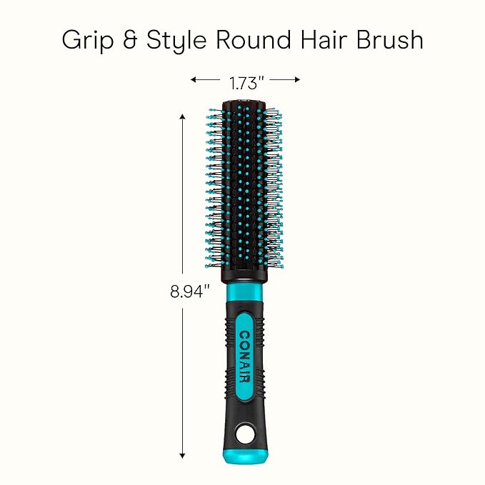 Conair Grip & Style Round Brush, Nylon Bristle Hair Brush for Blowout Styling, Ideal for Coarse, Curly, Wavy Hair, Teal