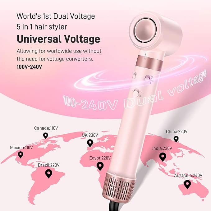 MESCOMB Dual Voltage Hot Air Styler Wrap - 5 in 1 Hair Dryer Brush with Fast Drying Blow Dryer, Styling, Straightening & Volumizing with Travel Bag (100V–240V) -Pink