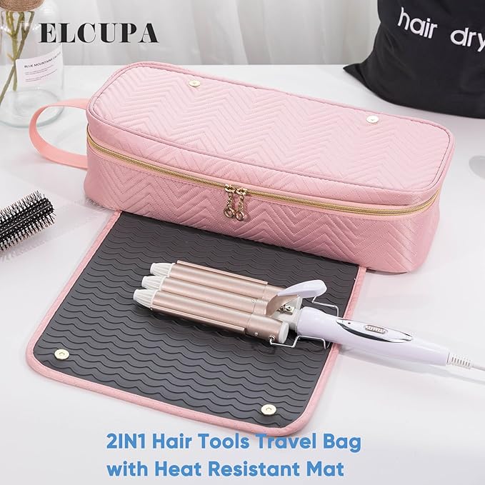 2IN1 Hair Tools Travel Bag with Heat Resistant Mat for Shark Flexstyle, Flat Irons, Straighteners, Curling Iron, Hair Dryer Case Compatible with Revlon One-Step Hair Dryer, Hair Essentials