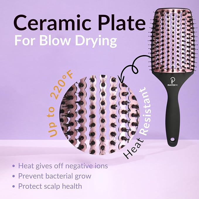 Curved Vented for Blow Drying - Boar Bristle Brush (Large) with Comfortable Handle - Soft Bristle Brush for Thick and Fine Hair - Natural Boar Bristles for Women, Men & Kids - Rose Gold