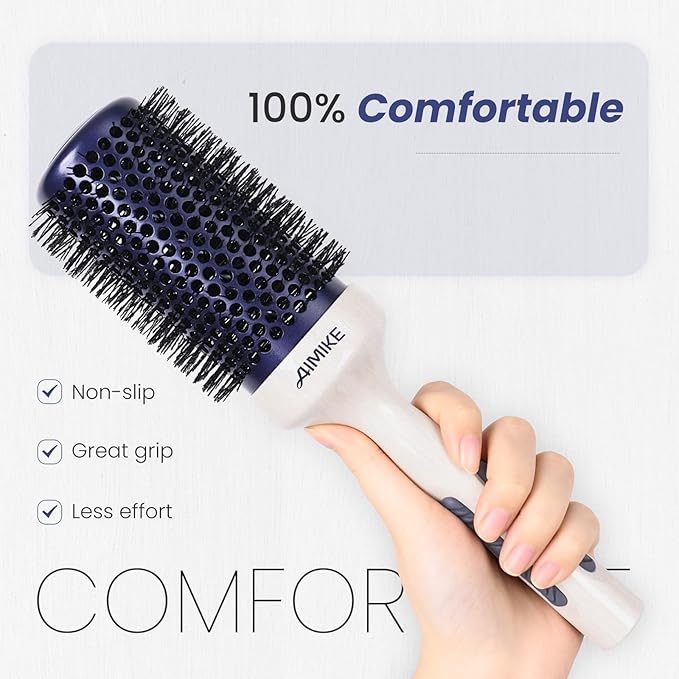 AIMIKE Nano Ionic Tech Large Round Brush, Ceramic Brush for Blow Drying, Styling and Boosting Volume, Natural Wood Handle - 2 Inch/52mm