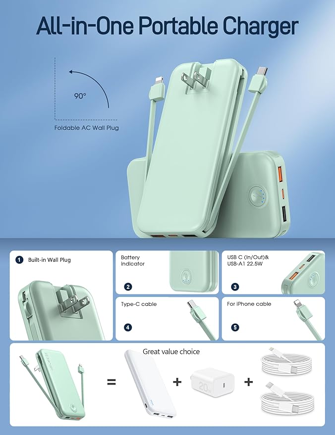 Portable Charger with Built in Cable and AC Wall Plug, USB C Power Bank - Image 2