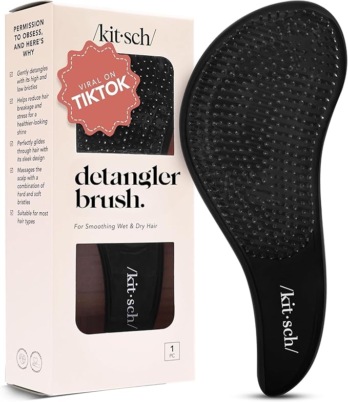 Kitsch Detangler Brush – Gentle Curly Hair Brush with Flexible Bristles for All Hair Types - Wet or Dry | Detangling Hair Brushes for Women & Men, Hairbrush for Adults & Kids - Black