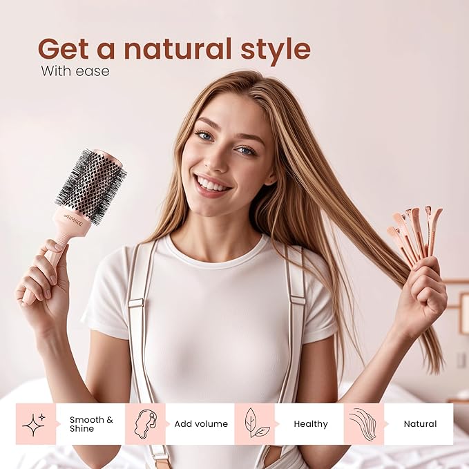 AIMIKE Round Brush for Blow out, Rose Luxe Round Hair Brush Ionic & Nano Thermal Ceramic Tech, for Blow Drying & Styling Volumizing Long Hair, with 4 Clips (Barrel 2.1", Bristle 3")