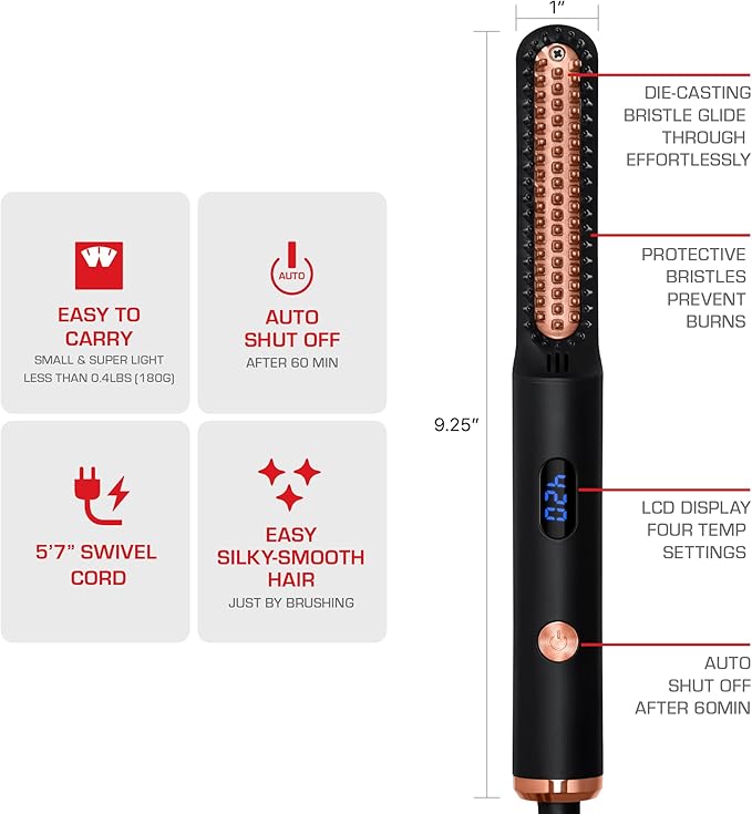 Red by Kiss Heat Real Brush, Auto Shut Off Straightener for All Hair Types, Portable & Easy to Carry, Protective Bristles for Silky Smooth Hair