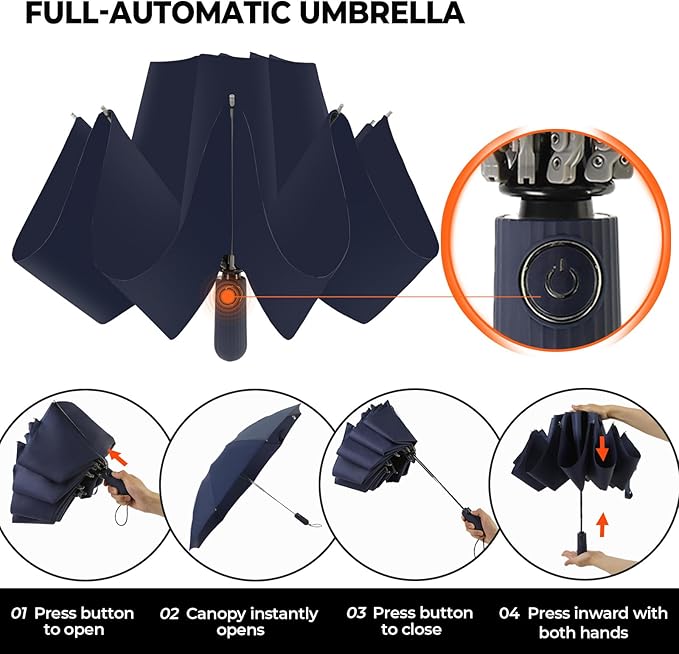 Compact Inverted Travel Umbrella, Automatic Open Close, 9-Rib 46 Inch Windproof - Image 5