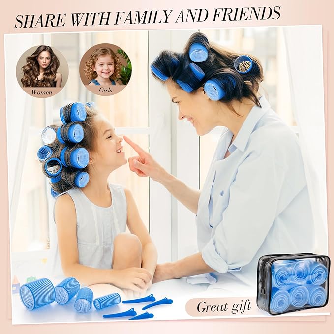 Obeoby 4 Sizes Hair Rollers for Women, 50 Pcs Set Hair Curlers with Clips Comb Curlers for Long Short Curly Hair and Bangs (25, 36, 48, 60mm), Blue