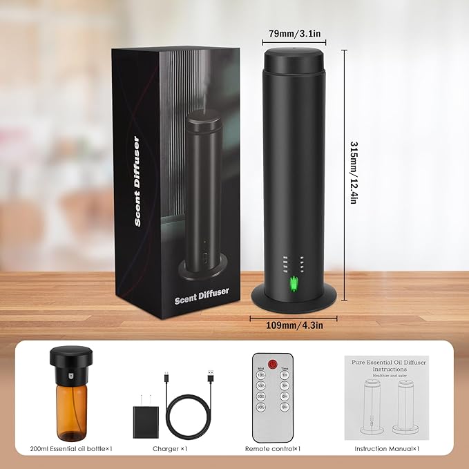 Waterless Scent Essential Oil Diffuser for Hotel,Whole House,Large Room, Office，Home，200ML Large Capacity, Covering 1500 Square feet (Black-A)