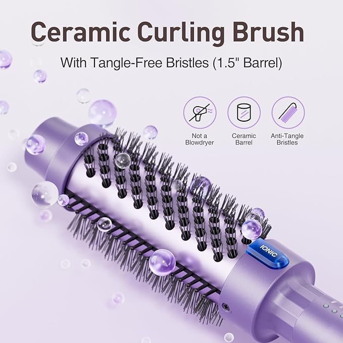 1.5 Inch Thermal Brush Blowout with 5 Temp Settings, Universal Voltage Hair Curling Iron, Ceramic Ionic Thermal Round Curling Brush Suitable for Medium and Long Hair, Purple