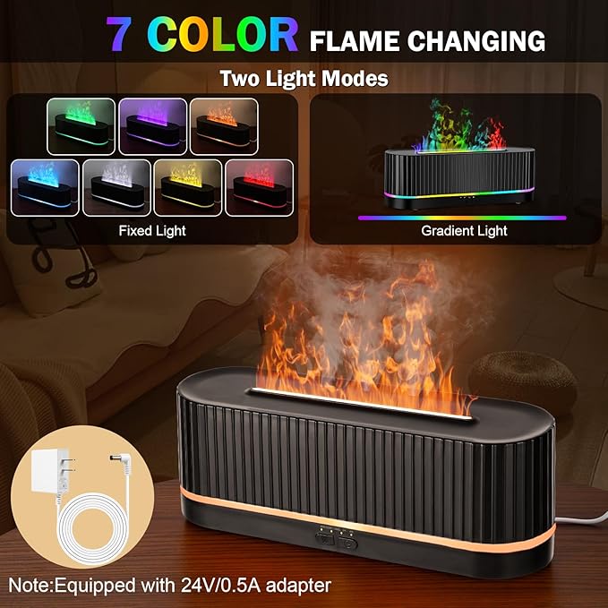 Essential Oil Diffuser，Colorful Flame Fire Diffuser Humidifier，Scent Aroma Diffuser, 7 Colors Changing Oil Diffuser for Home,Office(Remote Control，Timeable, Waterless Auto off-260ml) (Black)