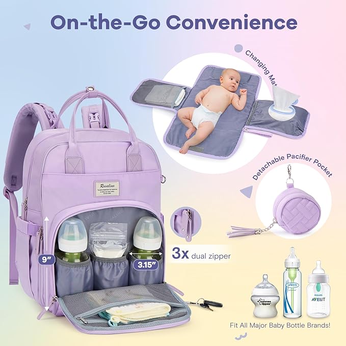 RUVALINO Diaper Bag Backpack, Large Capacity, Waterproof, Light Purple - Image 3