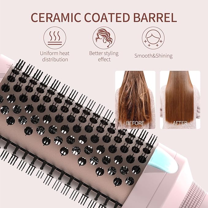 K&K Thermal Brush Heated Round Brush - Blowout Look Volumizer with 1.7 inch Heated Round for Hair Styler Tool Hair Straightener and Curler 2 in 1 Dual Voltage Temperture Contronal (Pink, 1.7 Inch)