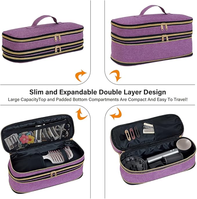 Hair Dryer Travel Carrying Case, Curling Iron Storage Bag, Slim Expandable Handheld Dual-Layer Travel Storage Bag for Dryer/Hair Tool Organizer/Style Organizer