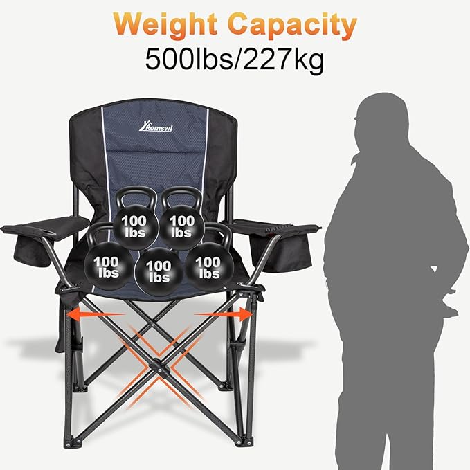 Romswi Oversized Camping Chairs, Heavy Duty Support 500 LBS, Padded Back & Arm - Image 5