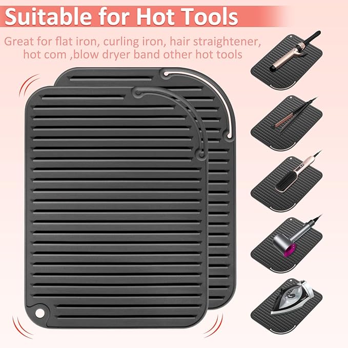 Quccefods 2 Pack Heat Resistant Mat Large Silicone Hot Hair Tools Holder for Curling Irons Flat Iron Hair Styling Tools Mat Portable Vanity Pad
