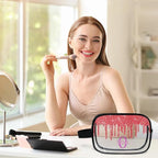 Custom Clear Travel Cosmetic Bag with Name, Personalized Transparent Large Capacity Weekend Toiletry Bag Portable Bathroom Makeup Organizer, Shiny Sparkly Fluid Shape Red Glittering