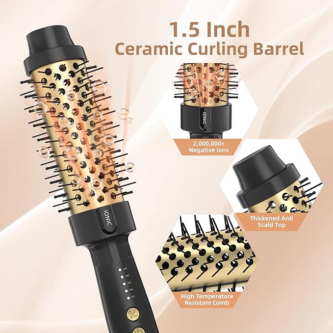 24K Gold Thermal Brush, Blowout Long Lasting Look Curling Brush, 30s Fast Heated Round Brushes 1.5" Makes Hair Smoother Get Natural Curls, 5 Temp Settings, Universal Voltage for Travel, Easy to Use