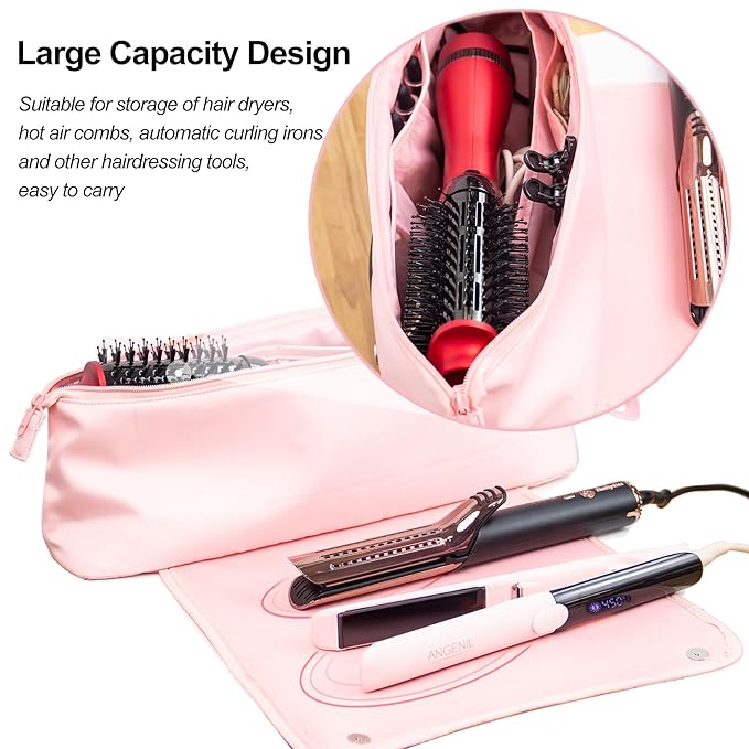 ANGENIL Large Capacity Heat Mat Hot Hair Iron Tools Travel Bag, 2 in 1 Portable Organizer Bags with Large Heat Resistant Mat for Hair Straighteners, Curling Irons, Hot Air Brushes, Travel Essentials