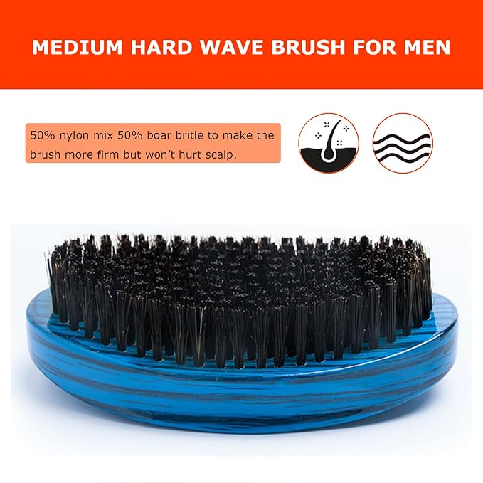 Curved Wave Brush for Men 360 - Medium Hard Palm Hair Brushes with Boar Bristles for Black Hair Wavers to Creating 360 Waves (Stripes Blue)