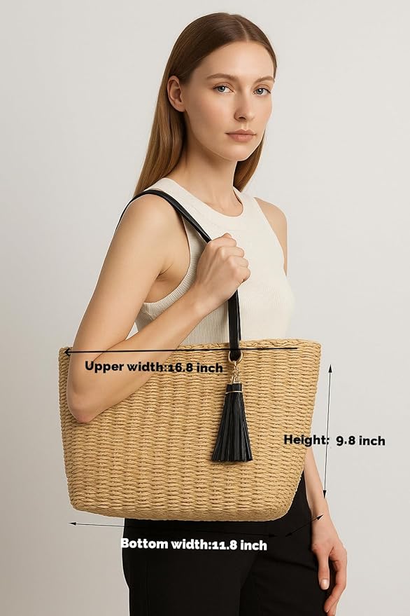 YXILEE Straw Bags For Women | M Size Travel Straw Totes Bag Woven Summer - Image 6