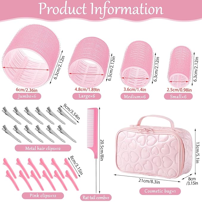 Obeoby 4 Sizes Hair Rollers with Gift Makeup Bag, Easter Gifts Rollers Hair Curlers for Long, Short Hair and Bangs, Birthday Pink Gifts Easter Basket Stuffers for Women Girls