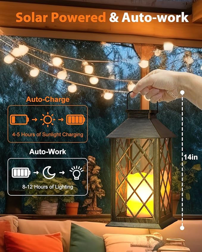 Otdair Solar Lanterns Outdoor Waterproof, 2 Pack 14" Solar Lantern - Image 2