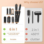 6 in 1 Detachable Hair Styling Tool Set: Ionic Hot Air Brush, Round Straightener Volumizer, Thermal Curler Wand, and Blow Dryer