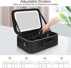 Relavel Makeup Bag with LED Mirror, Large Capacity Travel Cosmetic Organizer with Adjustable Compartments, Brush Holder & Detachable Strap, Black Storage Box for Makeup Artists