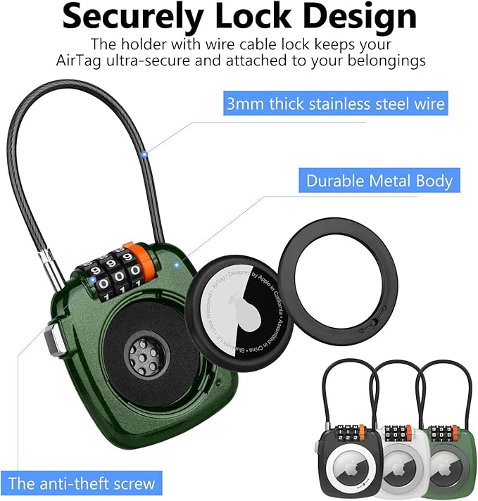 Compatible with Apple AirTag Secure Lock with Wire Cable, 3-Digit Combination - Image 5
