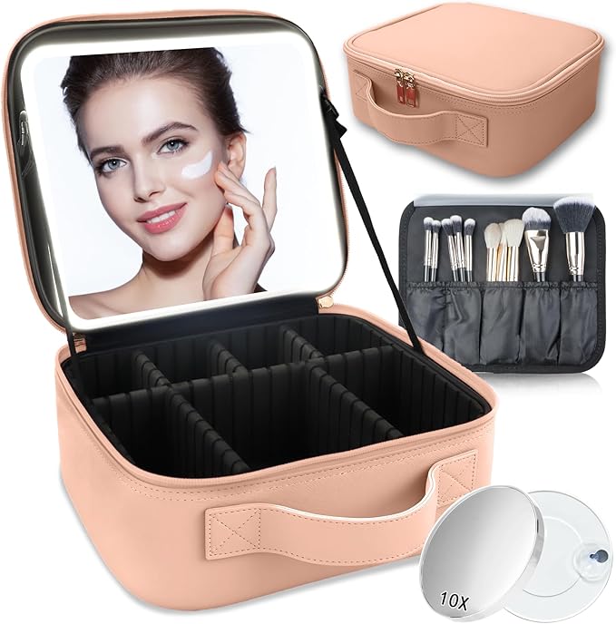 Makeup Bag with Led Mirror, Travel Makeup Organizer with 3 Color Setting & 10X by SUILU