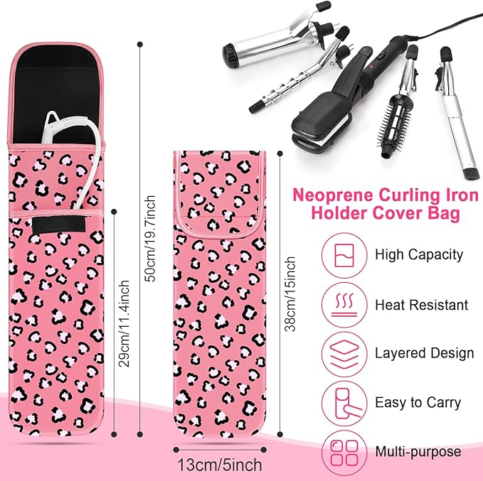 Shappy 2 Pcs Curling Iron Travel Case Cover Heat Resistant Flat Iron Holder Case Sleeve Neoprene Straightener Holder and Silicone Hot Hair Tools Mat Bag(Leopard Style)