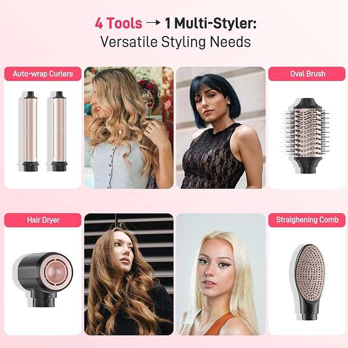 MESCOMB Dual Voltage Hot Air Styler Wrap - 5 in 1 Hair Dryer Brush with Fast Drying Blow Dryer, Styling, Straightening & Volumizing with Travel Bag (100V–240V) -Black + Pink