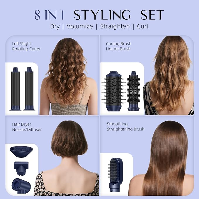 DORISILK 8 in 1 Hair Styler & Hair Dryer Brush Blow Dryer, 110,000 RPM High-Speed Hot Brush Styler and Auto Wrap Curlers, Ionic Frizz-Free for Smoothing Straightening Curling Volumizing Drying, Blue