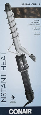Conair Instant Heat Spiral 3/4-Inch Curling Iron, spiral guide on barrel to help achieve spiral curls – for use on short to medium hair