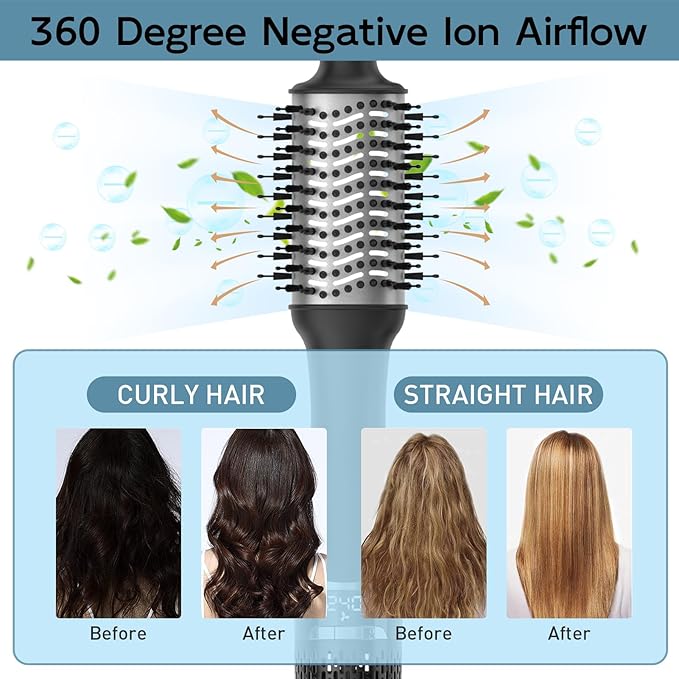 Hair Dryer Brush with Display Screen, Blow Dryer Brush for Women Fast Drying & Styling | Oval Ceramic Barrel, Negative Ion Technology, 3 Heat & 3 Speed Settings, Cold Shot, ALCI Plug (Black & Silver)