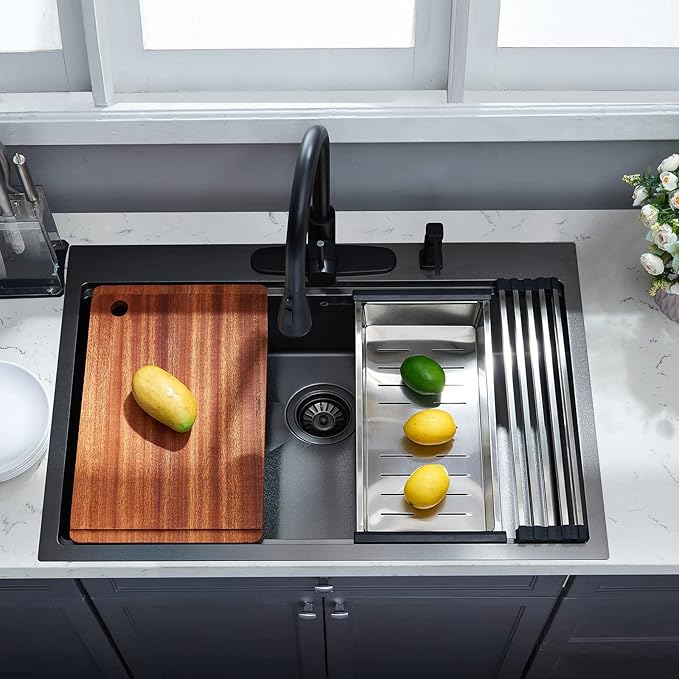 Kitchen Sink, 33 x 22 Drop in Kitchen Sink Gunmetal Black 16 Gauge Stainless - Image 4