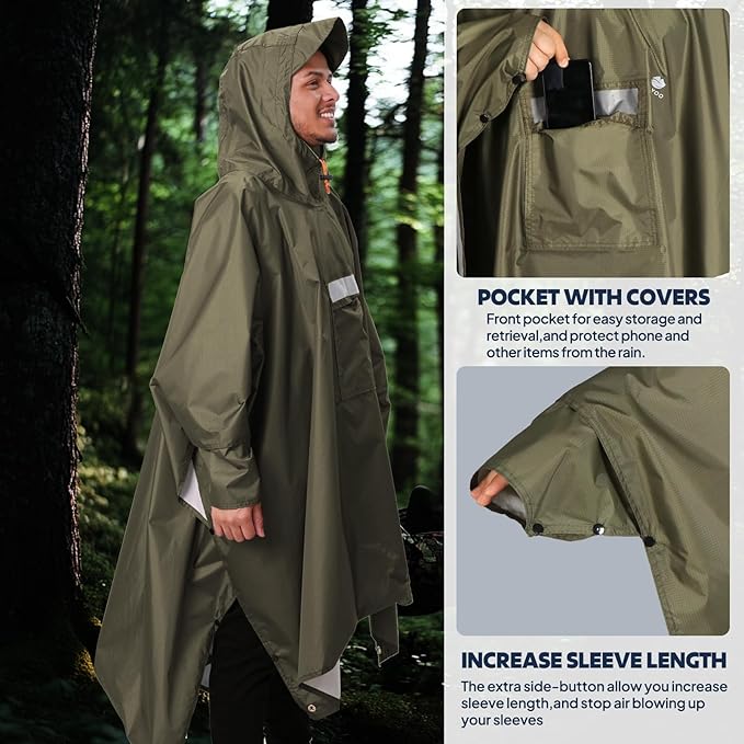 ANYOO Hooded Rain Poncho for Adults Waterproof Lightweight Rain Coat for Men - Image 6