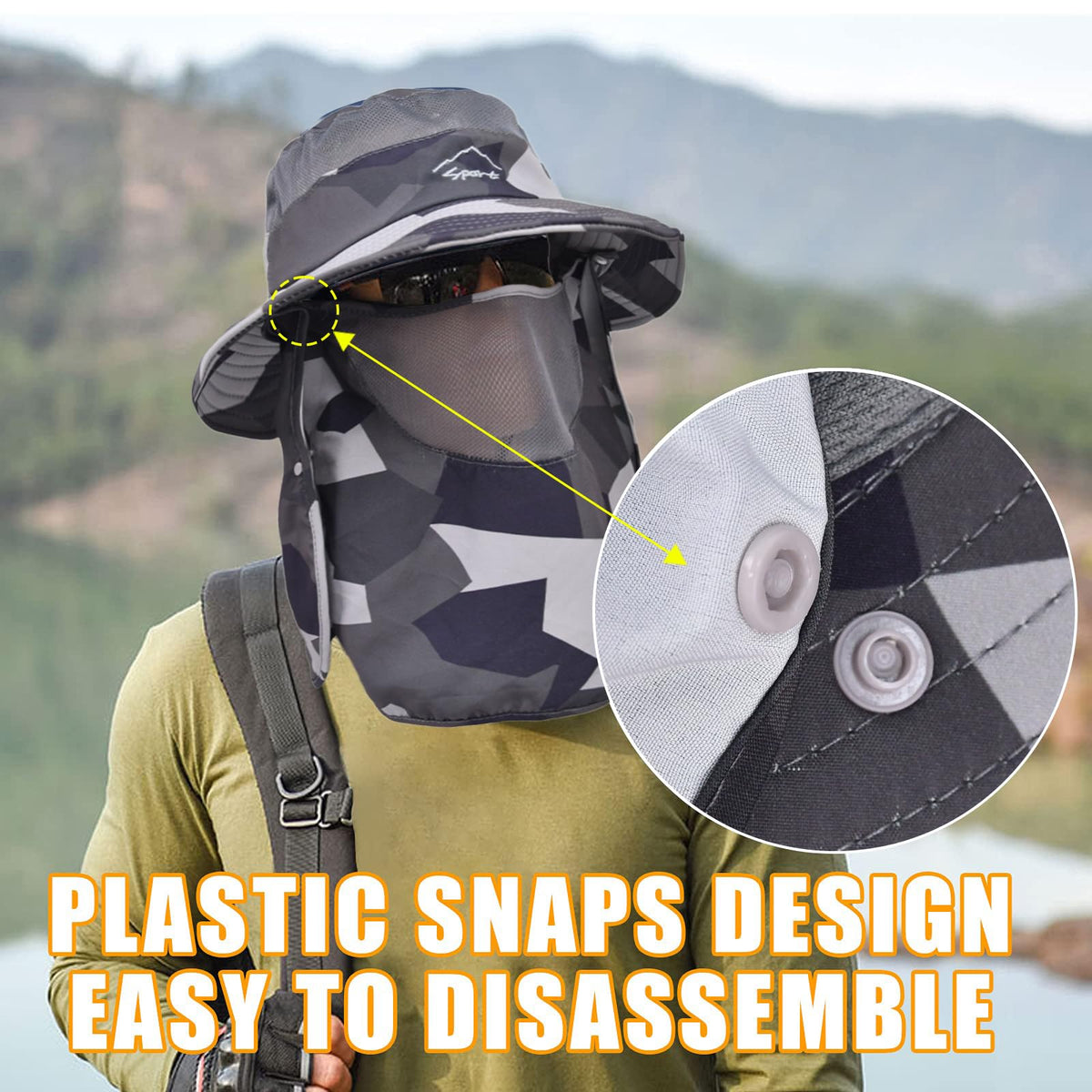 Sun Hats for Men Women Fishing Hat UPF 50+ Breathable Wide Brim Summer UV Protection Hat with Face Cover & Neck Flap (Camo Dark Grey(with Face Cover & Neck Flap ))