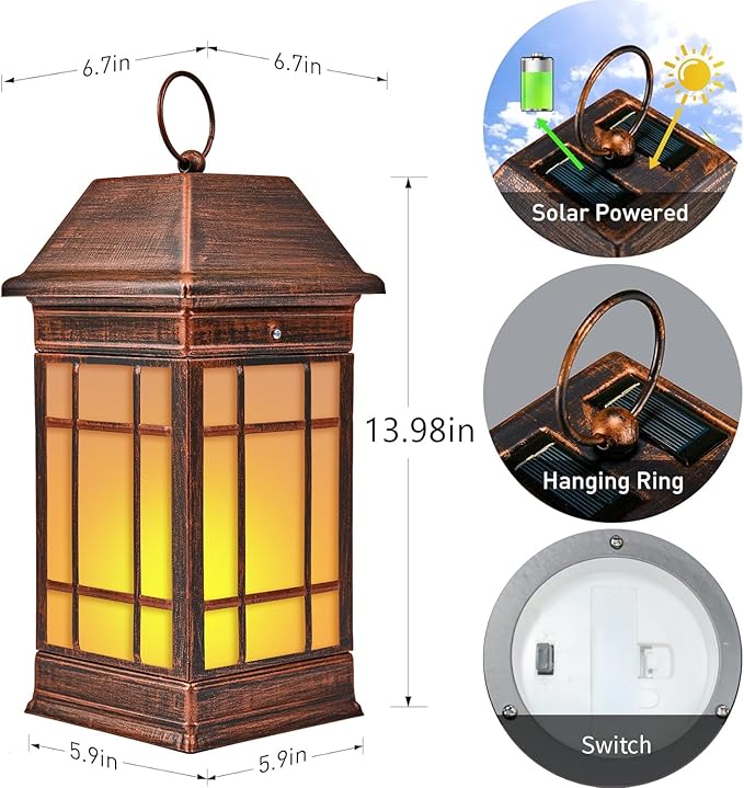 14" Solar Lantern Outdoor Waterproof, Glass Flickering Flame Solar Lanterns - Image 4
