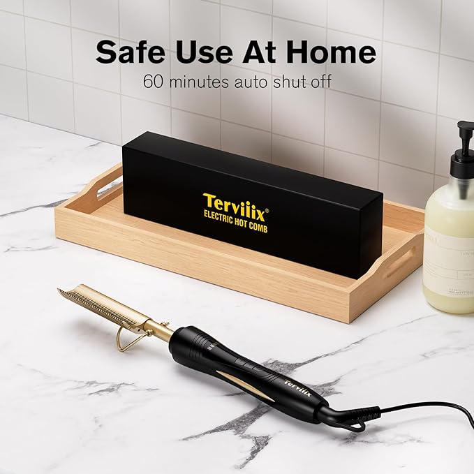 Terviiix Hot Comb for Lace Front Wigs, Curved Teeth Pressing Combs for Black Women Hair, Anti-Scald Straightening Comb, Electric Heat Comb, Temperature Adjustable, 60 Min Auto Shut Off