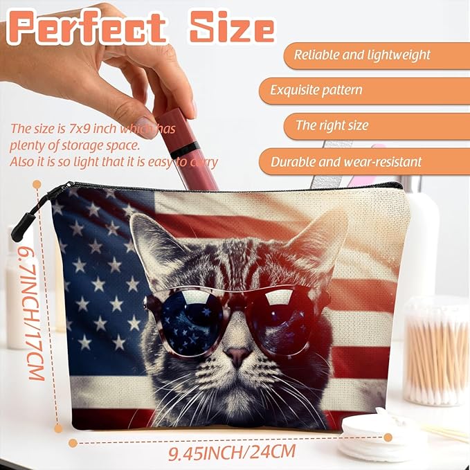 Cosmetic Bags Travel Makeup Toilet Case Waterproof Pouch for Women Girls 6.7X9.45inches - Cat Wearing Sunglasses With Flag Reflections in The Lenses