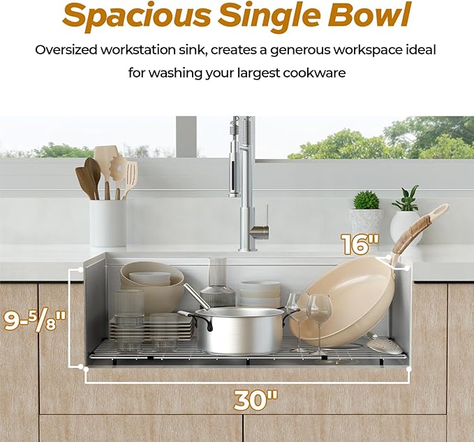 32 Inch Workstation Kitchen Sink, TECASA Undermount Deep Single Bowl, Stainless - Image 3