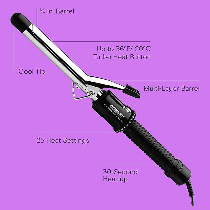 Conair Instant Heat 3/4-Inch Curling Iron, ¾-inch Barrel Produces Tight Curls, Hair Curler for Short to Medium Hair, 25 Heat Setting Hair Curling Iron, Black