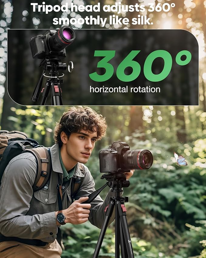 68" Lightweight Camera Tripod Stand, Compact Portable Travel Aluminum Tripod - Image 3
