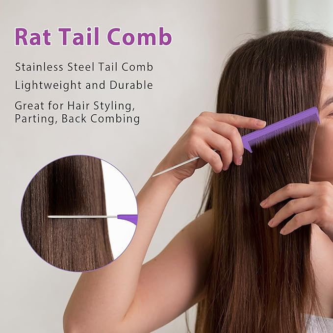 Hair Brush Set, Hair Brushes for Women Men kid Wet Dry All Hair Detangling Parting Styling, Brush Set with Detangler Brush, Edge Brush, Teasing brush, Rat Tail Comb (Purpe)