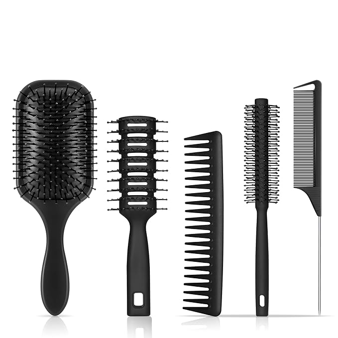 SALONSILK Hair Brush Comb Set, 5PCS Women Men Hair Brush & Styling Comb Set, Wide Tooth Rat Tail Fine Tooth Paddle Roller Combs, Professional Barber Tools for All Types