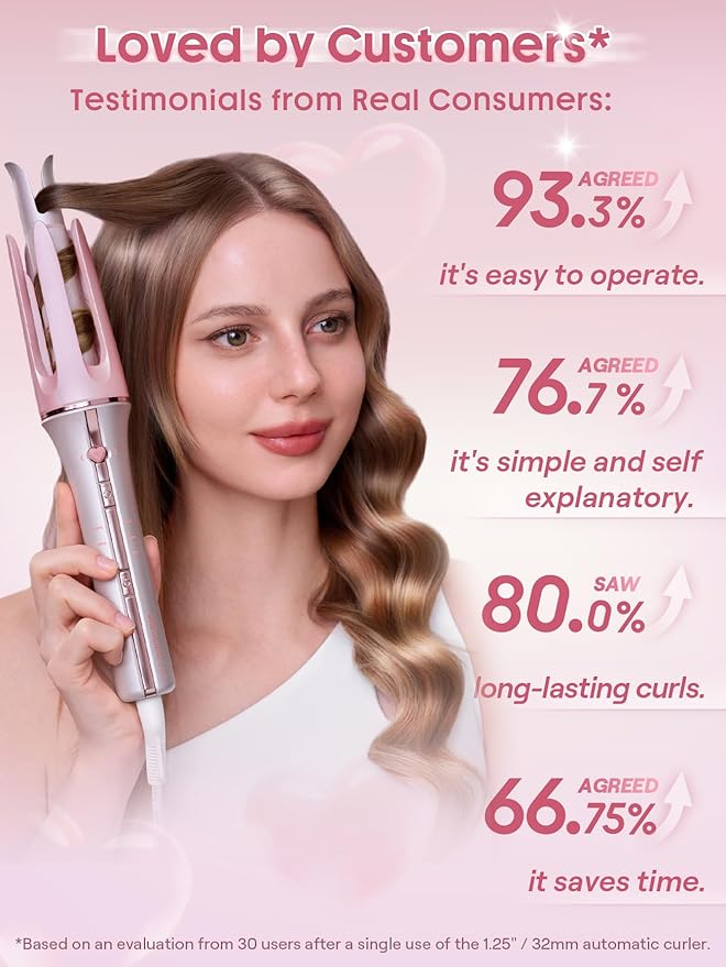 SHEGLAM Pink Curling Iron Automatic Gift for Woman (Pink, 1.25 inch) Cupid's Charm One-Touch Instant Curler